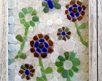 Cadre de fleurs, Mosaïque de verre de mer, Art déco unique