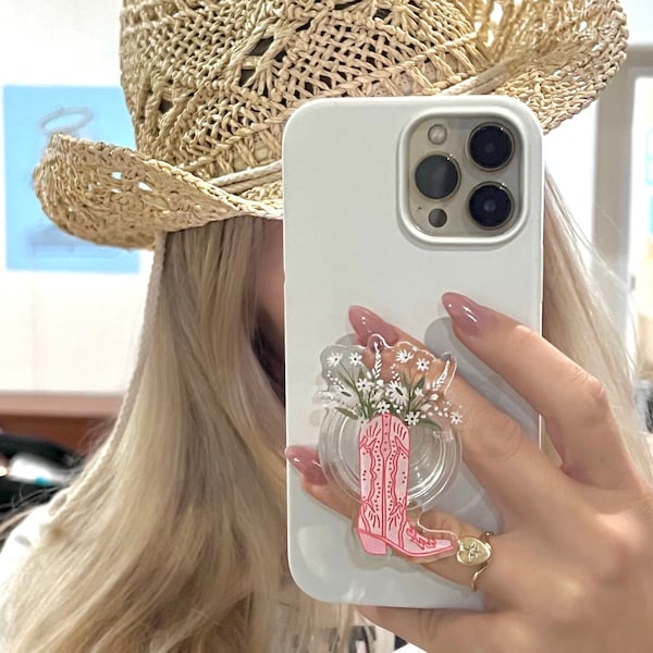 Pink Coastal Cowgirl Phone Grip - Suroeste - Rodeo- Western -Botas de vaquero - Anillo de teléfono- Country Girl - BASE DE BRAZO RETRÁCTIL