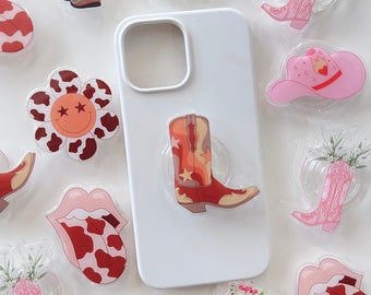 Pink Coastal Cowgirl Phone Grip - Southwestern - Rodeo- Western -Cowboy boots  - Phone Ring- Country Girl - RETRACTABLE ARM BASE