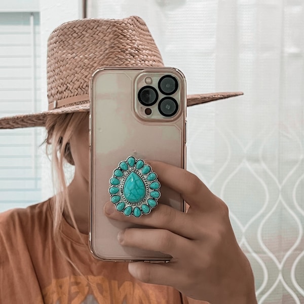 Turquoise Stone Phone Grips - Southwestern - Rodeo - Western  -Concho  - Cactus Phone Ring- Country Girl - RETRACTABLE ARM BASE