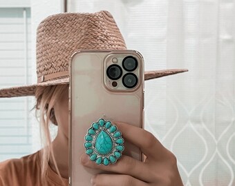 Turquoise Stone Phone Grips - Southwestern - Rodeo- Western -Concho  - Cactus Phone Ring- Country Girl - RETRACTABLE ARM BASE