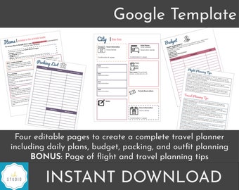 Paquete de itinerario de viaje personalizable / Planificador de vacaciones digital / Itinerario editable en Google Slides / Viajes imprimibles / Descarga instantánea
