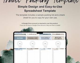 Vacation Packing List Tracker | Google Sheets Packing Organizer with Progress Chart | Digital Packing Checklist for Travel Planning