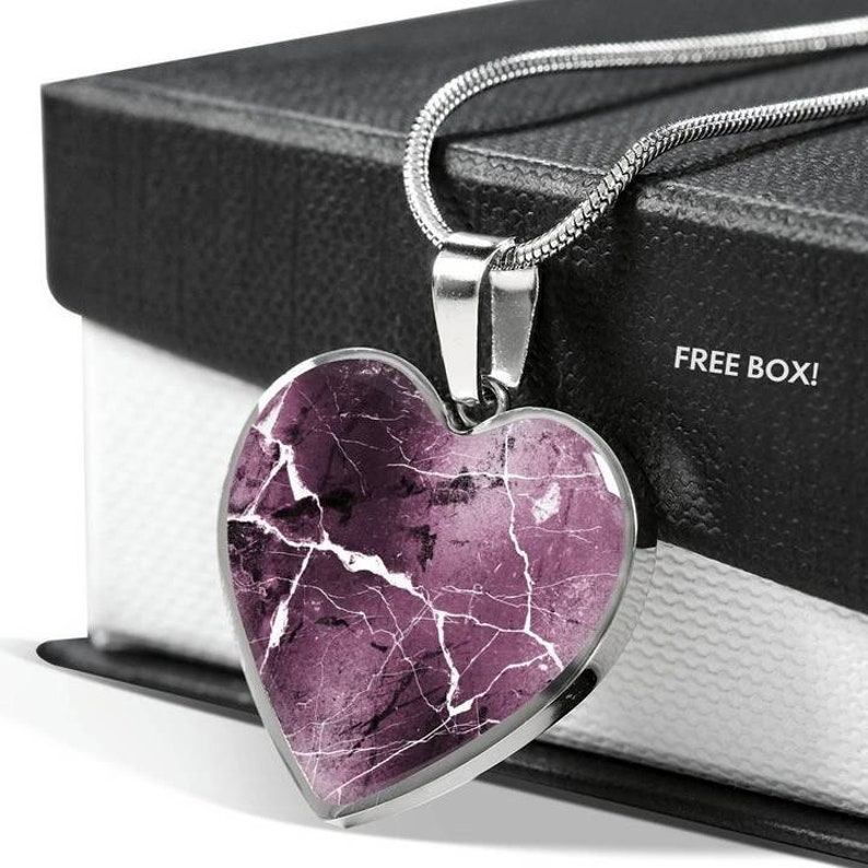 Mauve Faux Marble Style Design On Heart Shaped Stainless Steel Pendant Necklace Gift Set