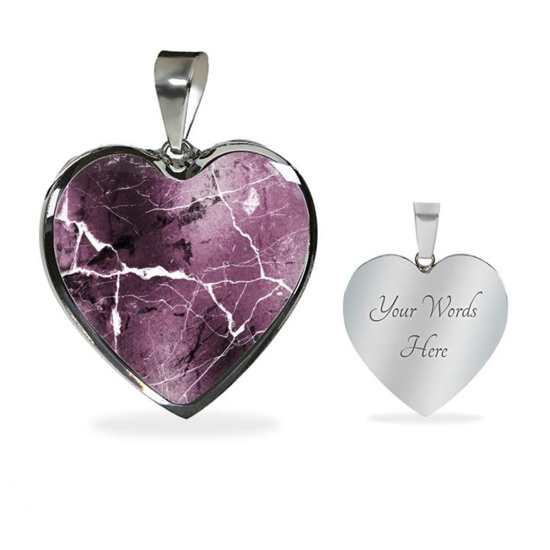 Mauve Faux Marble Style Design On Heart Shaped Stainless Steel Pendant Necklace Gift Set