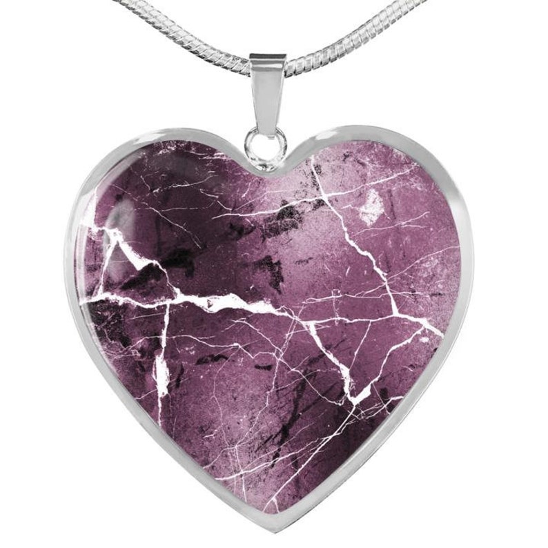 Mauve Faux Marble Style Design On Heart Shaped Stainless Steel Pendant Necklace Gift Set