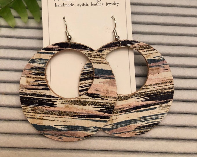 Painted brush stroke cork on leather earrings