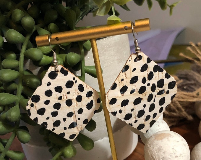 Black and white animal print cork on leather earrings