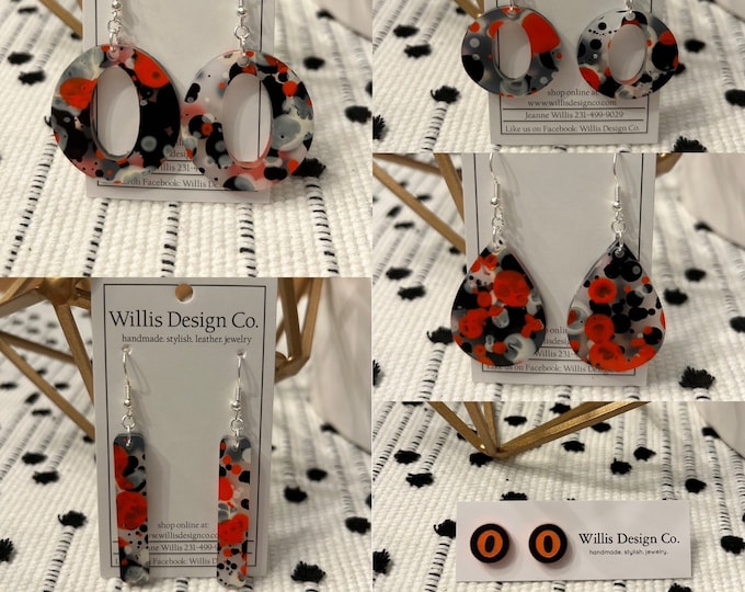 Black, Orange, and White acrylic earrings, Ludington Earrings, Oriole Earrings, Ludington Oriole