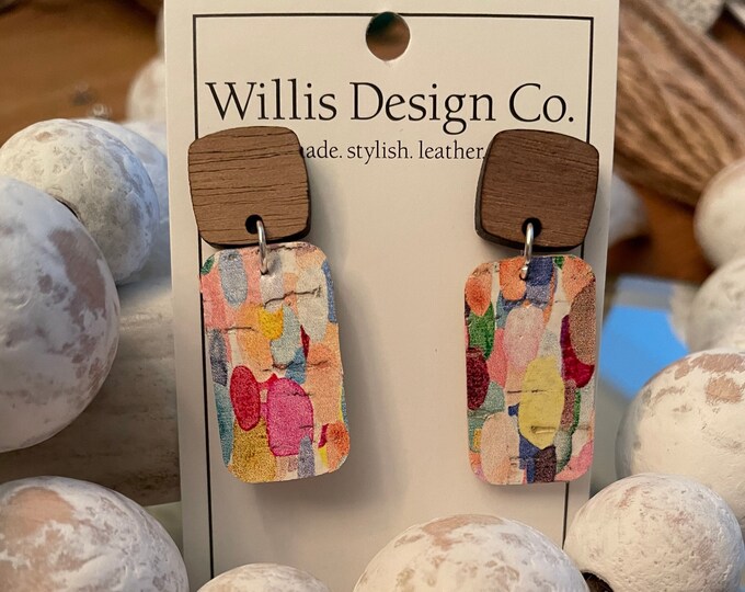 Painted pretty colorful cork on leather with wooden stud earrings