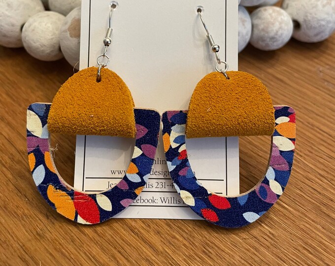 Colorful confetti cork on leather with yellow suede drop earrings