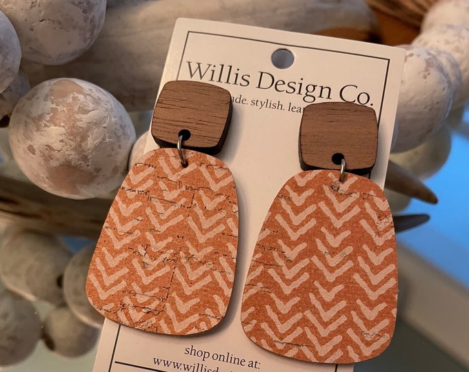Goldenrod yellow with white chevron cork on leather with wooden stud earrings
