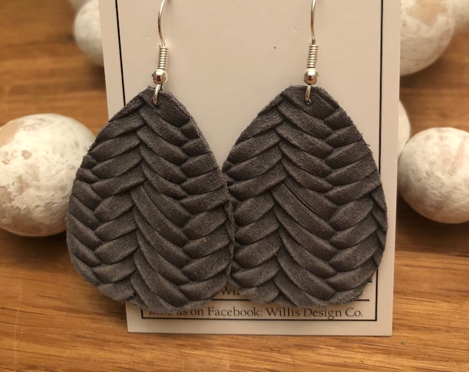 Grey basket weave leather earrings