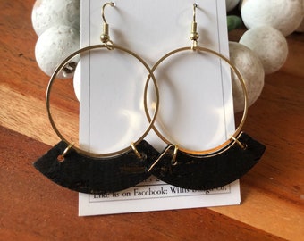 Black and gold cork on leather and gold hoop earrings