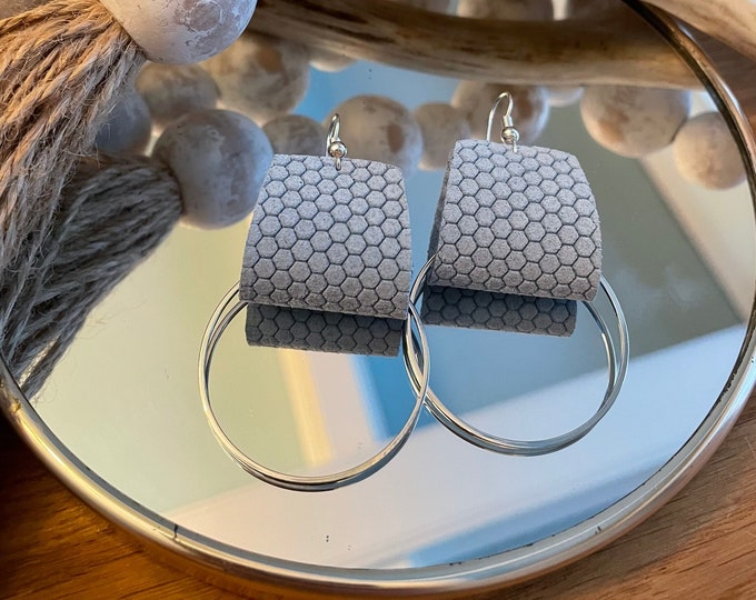 Baby blue mini honeycomb leather and silver hoop dangle earrings, hexagon earrings