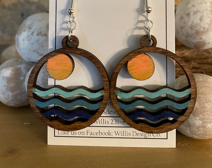 Hand painted wooden sunset over the water earrings, wood earrings, lake earrings, sunrise earrings
