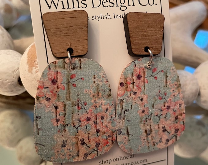 Cherry blossom delight cork on leather with wooden stud earrings