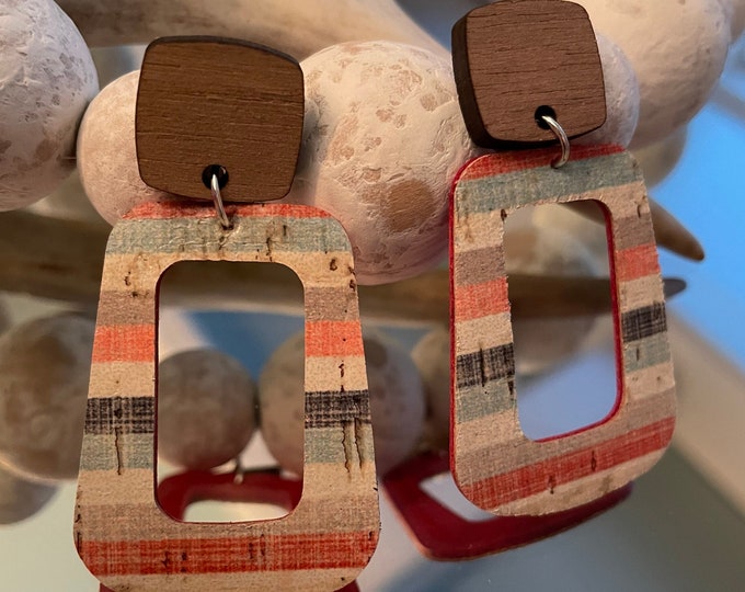 Cheerful stripes cork on leather cutout with wood stud earrings
