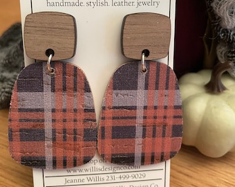 Muted Halloween plaid cork on leather with wood stud top earrings