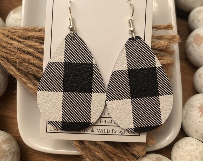 Black and white Buffalo plaid leather earrings
