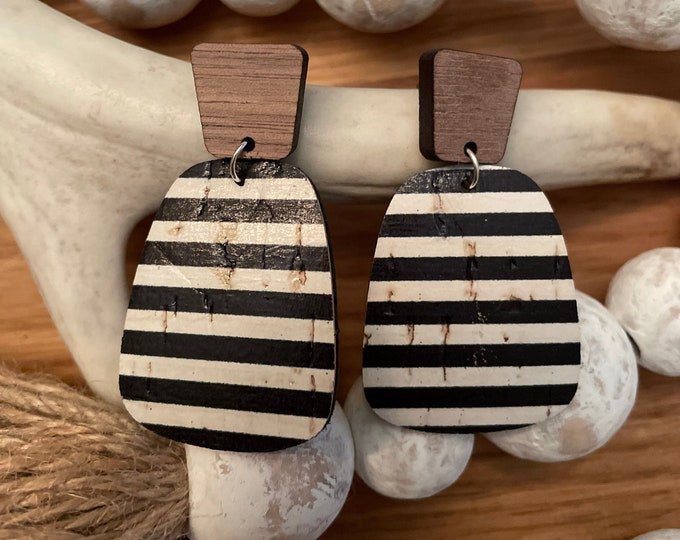 Wood stud and striped cork on leather dangle earrings, black and white striped earrings, geometric