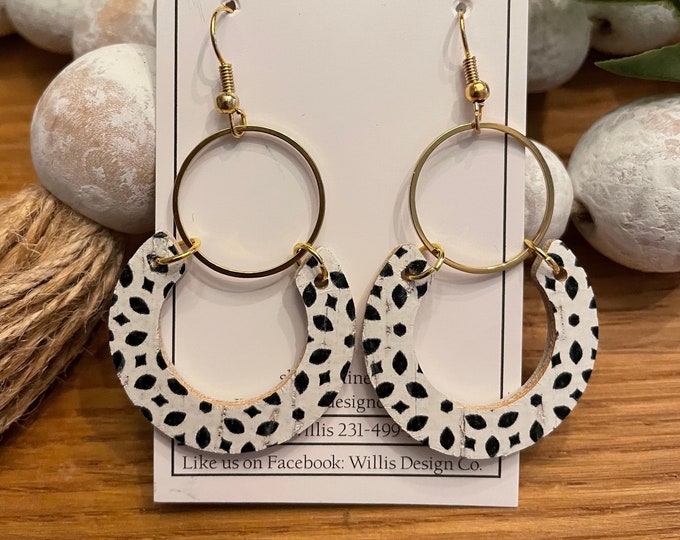 Black and white horseshoe leather earrings  with gold hoop