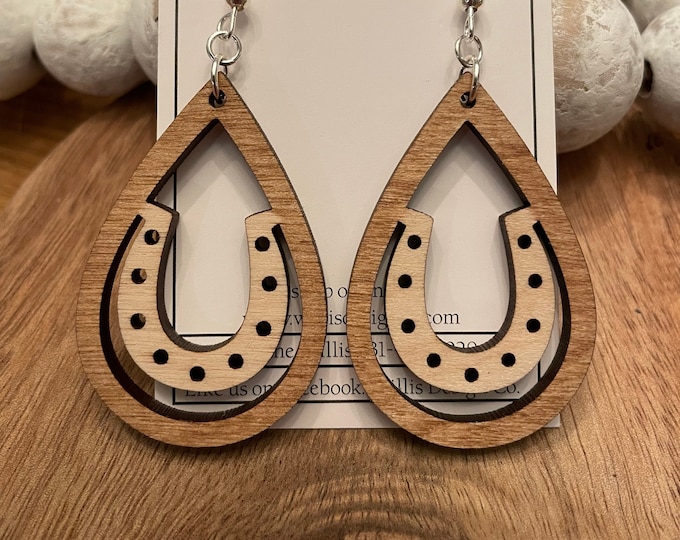 Wooden horseshoe teardrop earrings