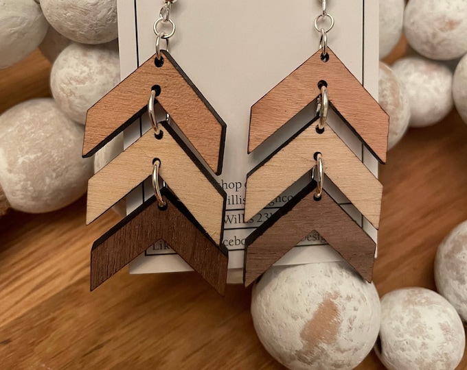 3 shades of wooden chevron earrings