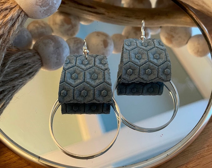 Light blue honeycomb leather and silver hoop earrings, hexagon earrings