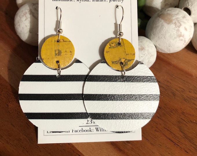 Stripe and yellow circle dangle leather earrings