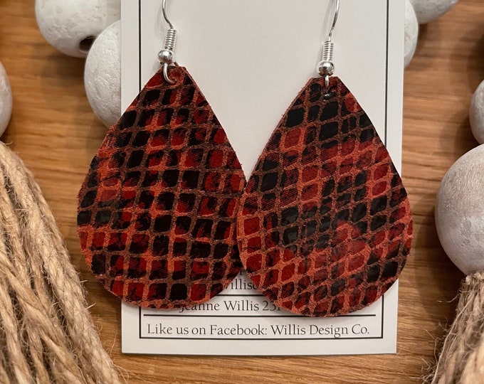 Burnt orange and black snake skin leather earrings