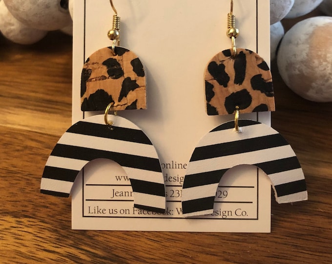 Animal print and stripes arch shaped leather earrings, u shaped earrings, boho earrings, rainbow shaped earrings