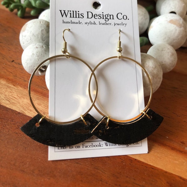 Black and gold cork on leather and gold hoop earrings