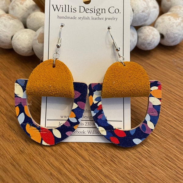 Colorful confetti cork on leather with yellow suede drop earrings