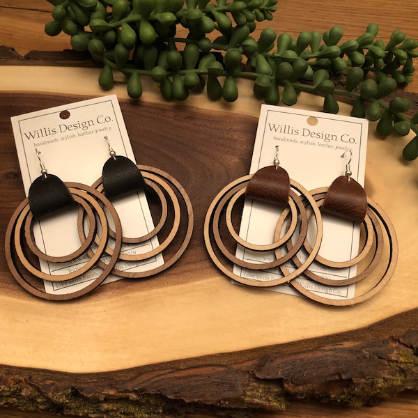 Genuine leather saddle with wood nesting hoop earrings, wood earrings, leather earrings, hoop earrings