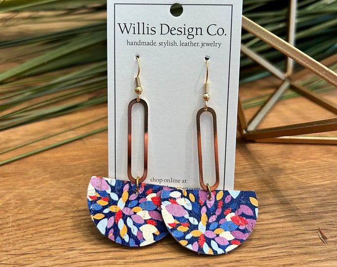 Color explosion cork on leather with gold oval dangle earrings
