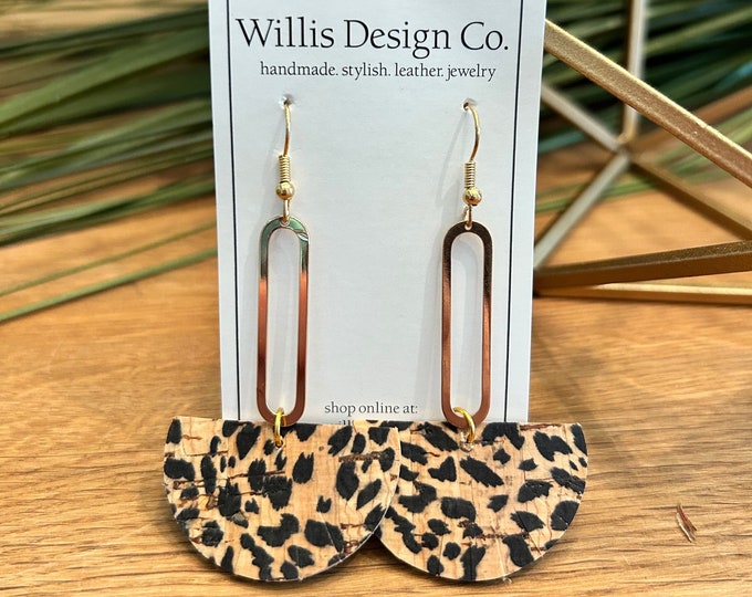 Animal print cork on leather  and gold oval dangle earrings