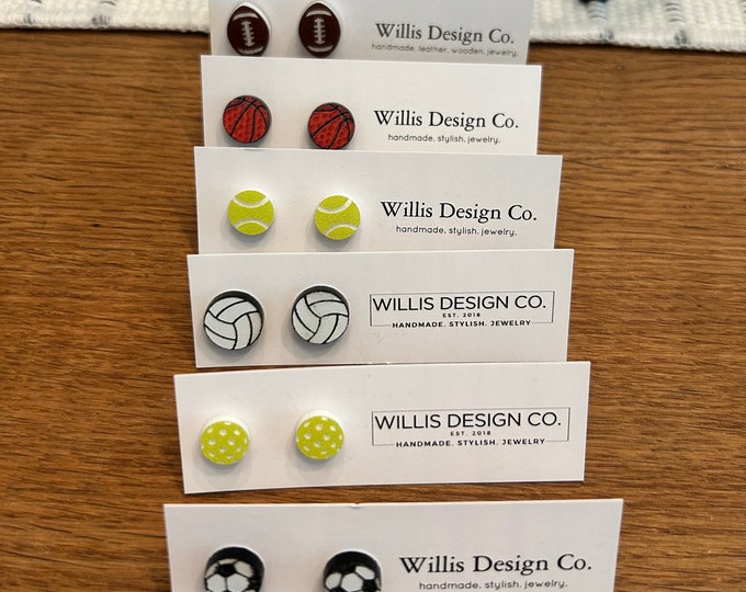 Sports stud earrings, baseball, tennis, football, soccer, volleyball, pickleball