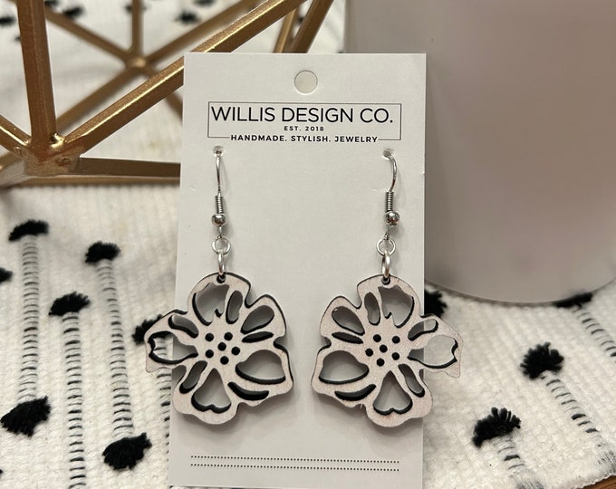 Wooden white boho flower earrings
