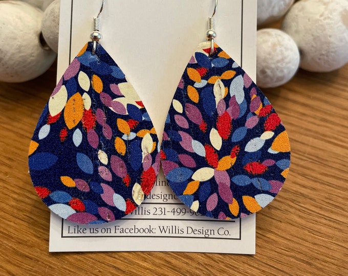 Vibrant confetti cork on leather teardrop earrings