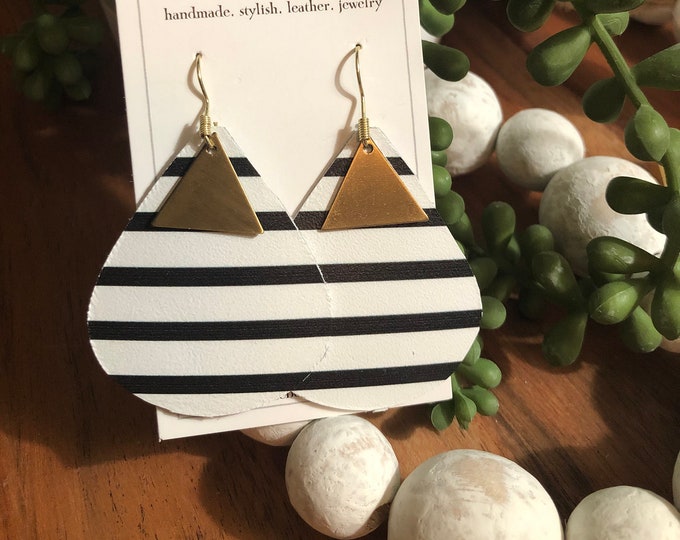 Black and white stripe genuine leather earrings with brass triangle accent
