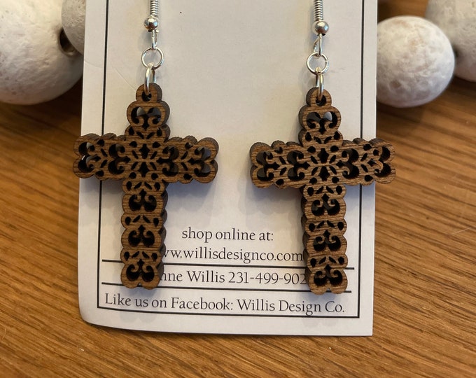Wooden filigree cross earrings
