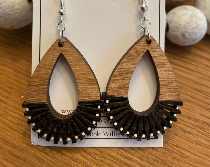 Wooden Hand painted open cut teardrop earrings