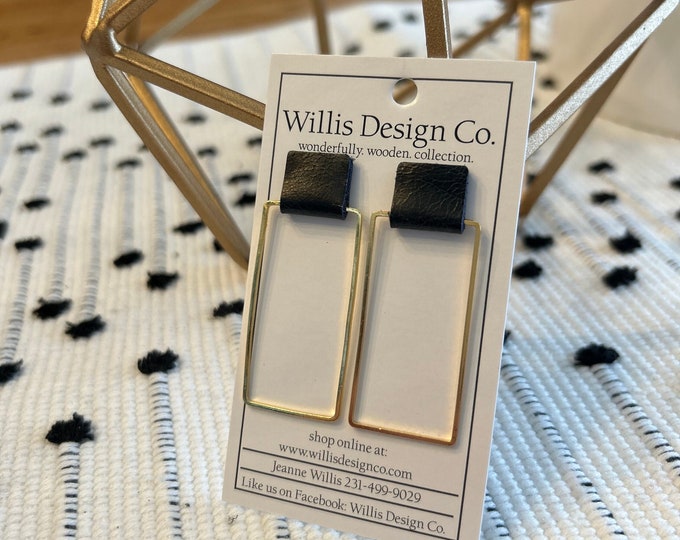 Navy blue leather saddle on gold rectangle earrings