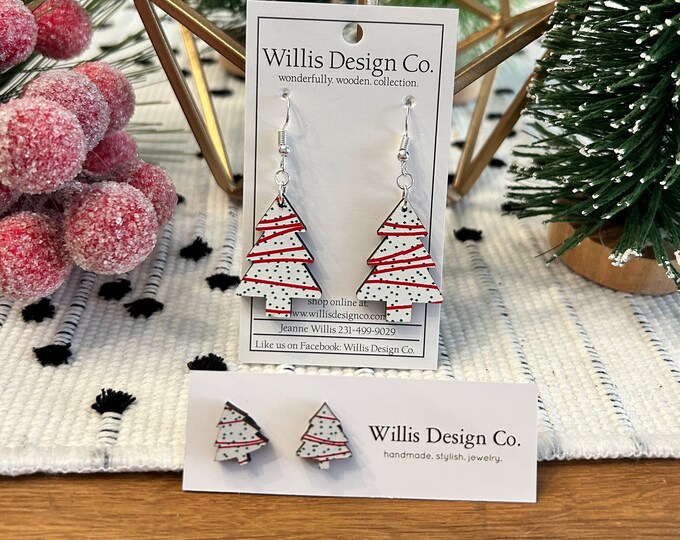 Christmas tree snack cake wooden teardrops or stud earrings
