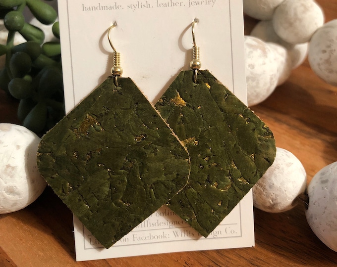 Olive green with gold fleck cork on leather earrings
