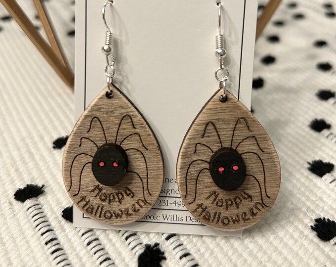 Halloween wooden spider teardrop earrings
