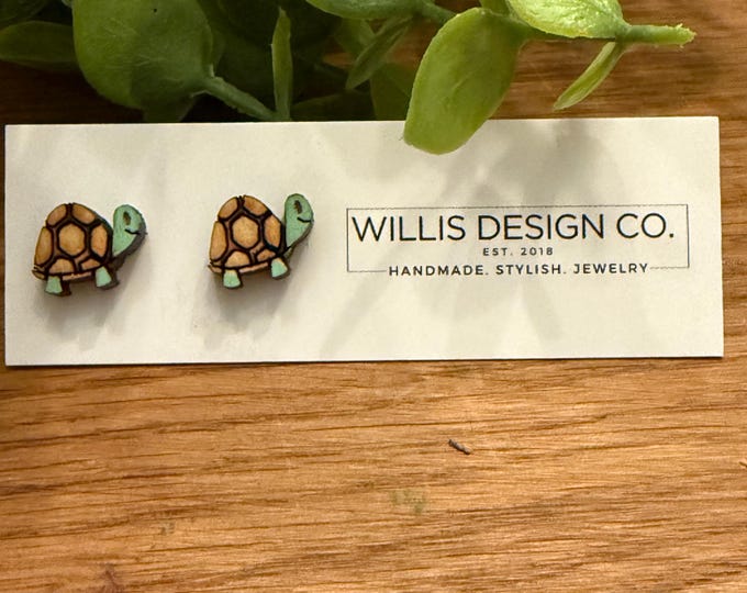 Hand painted wooden turtle stud earrings