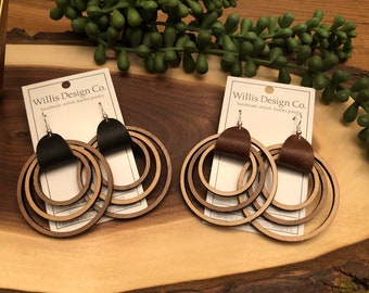 Genuine leather saddle with wood nesting hoop earrings, wood earrings, leather earrings, hoop earrings