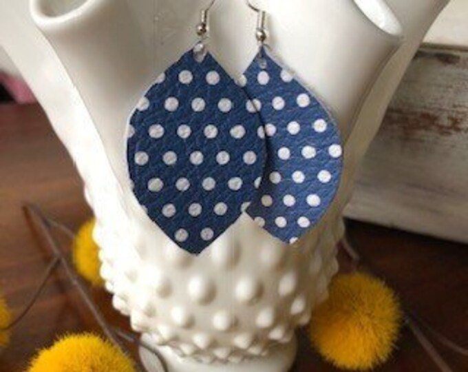 Genuine Leather Blue with White Polka Dot Leaf Earring